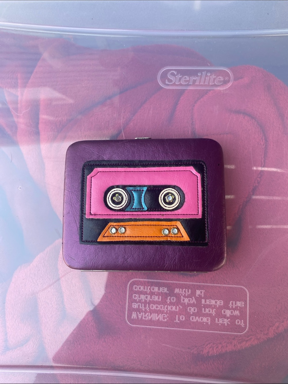 Purple Retro Cassette Earbud Wallet with Colorful Applique